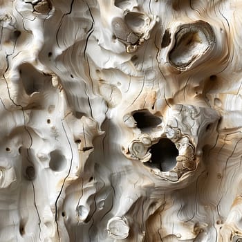 A closeup of a wooden sculpture reveals a intricate pattern of holes, resembling an organisms bone structure. The relief on the trunk creates a unique and artistic artifact