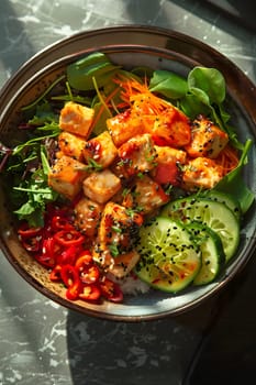 A delicious dish made of natural foods including meat, vegetables, and rice served in a bowl on a table, showcasing a nutritious recipe packed with ingredients like leaf vegetables and superfoods