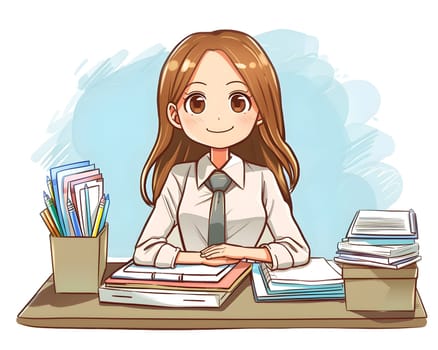 A young professional woman is seated at a desk surrounded by papers, supplies, and books