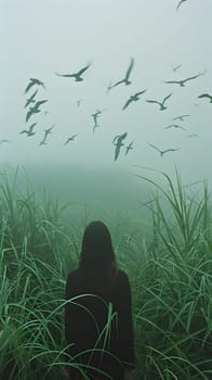 A woman is standing in a grassland field with birds flying in the sky as the morning sun illuminates the natural landscape around her