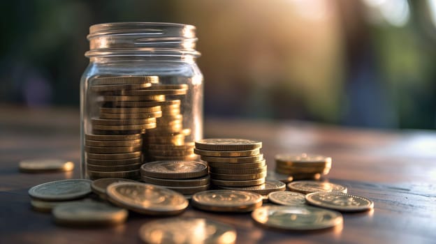 Coins are gathered on a wooden surface with a glass jar filled to the brim beside them, capturing a warm sunset glow in the background - Generative AI