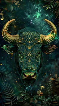 Highly detailed bulls head with intricate designs in a magical forest