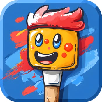 A cartoon illustration of a toy paint brush with a smiling face on it. The brush is electric blue in color, with a rectangular Legolike font design