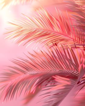 A detailed close up of a palm tree leaf on a vibrant pink background, resembling a delicate feather or eyelash. The contrast of green and pink creates a mesmerizing pattern