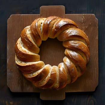 A staple food, a loaf of bread is placed on a wooden cutting board. This baked goods ingredient is essential in various cuisines and recipes