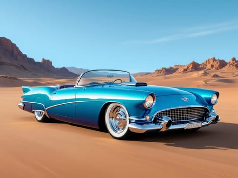 Shiny blue convertible parked on the sand in a desert landscape with rocky mountains and clear sky. Ai generated