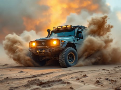 Powerful off-road vehicle races across the desert sand, creating a dramatic dust cloud against a vibrant sunset sky. Ai generated