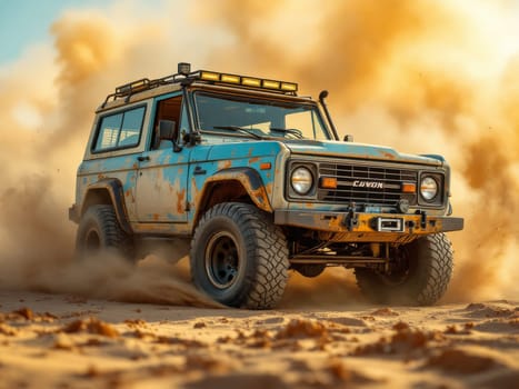 Vintage custom Ford Bronco SUV speeding through the desert, leaving a cloud of dust behind. Ai generated