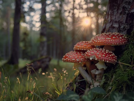 Red and white spotted fly agaric mushrooms growing in the grass by a tree trunk, illuminated by warm sunlight shining through the trees