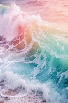 Waves roll onto the sandy beach during sunset, creating a stunning display of color with pink, blue, and white hues blending together - Generative AI