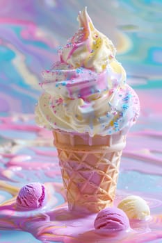 Vibrant melting ice cream cone with colorful sprinkles and pastel background