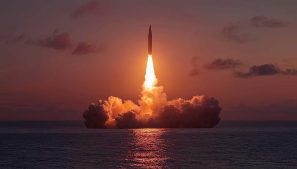 A stunning view of a rocket launching into the clear sky, lighting up the vibrant sunset over calm water