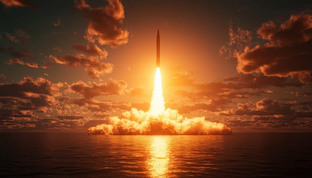A breathtaking and stunning rocket launch takes place against a beautifully vibrant sunset and serene water backdrop