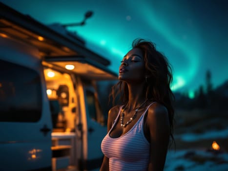 Tourist enjoying the magical atmosphere of the aurora borealis during her vanlife adventure. Ai generated