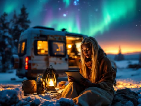Blonde woman using tablet while camping in winter near her camper van, with aurora borealis in the background. Ai generated