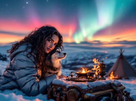 Woman lying in snow hugging alaskan malamute dog next to a burning steampunk stove with colorful aurora borealis in the background. Ai generated