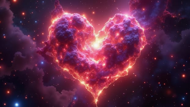 A heart made of clouds in space. The heart is surrounded by a purple sky and stars. The heart is glowing and he is on fire