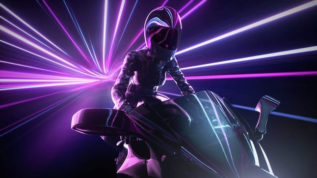 A futuristic motorcyclist illuminated by vibrant neon lights in a dynamic, tech-inspired environment.