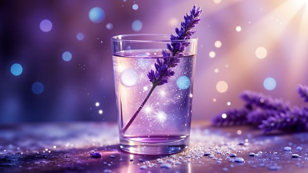 A glass of purple liquid with a purple flower in it