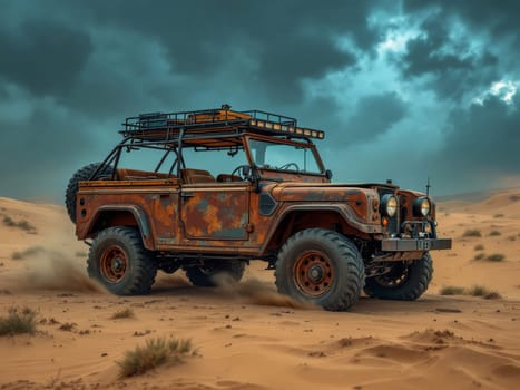 Old rusty car speeding across sandy dunes in the desert, racing beneath a dramatic sky filled with dark, swirling clouds. Ai generated