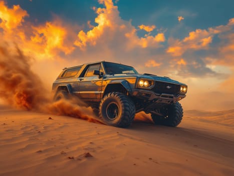 Custom built offroad vehicle is climbing a dune in the desert at sunset, kicking up a cloud of dust. Ai generated