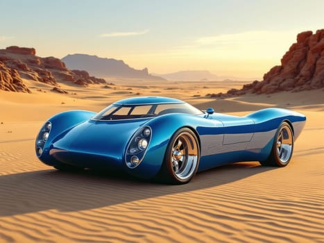 Futuristic blue sports car racing across sand dunes in a vast desert landscape, illuminated by the warm hues of a stunning sunset. Ai generated