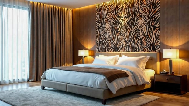 Modern bedroom with zebra print wallpaper. Eembracing natural animal print motifs in interior decor.