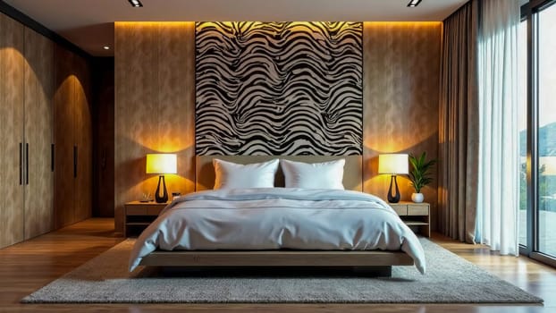 Modern bedroom with zebra print wallpaper. Eembracing natural animal print motifs in interior decor.