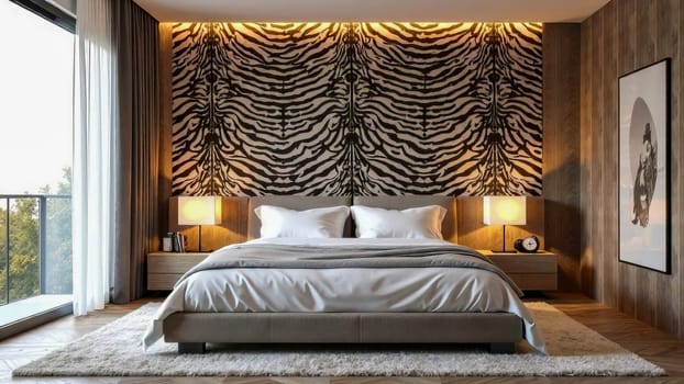 Modern bedroom with zebra print wallpaper. Eembracing natural animal print motifs in interior decor.