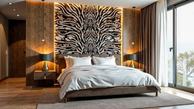 Modern bedroom with zebra print wallpaper. Eembracing natural animal print motifs in interior decor.
