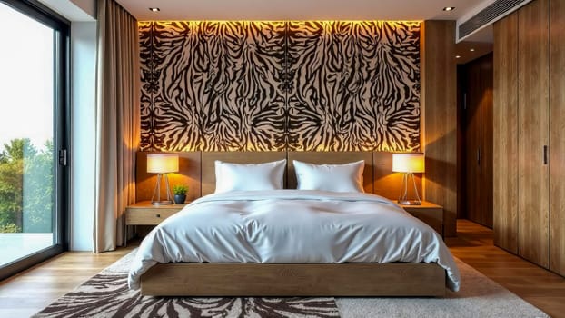 Modern bedroom with zebra print wallpaper. Eembracing natural animal print motifs in interior decor.