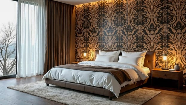 Modern bedroom with zebra print wallpaper. Eembracing natural animal print motifs in interior decor.