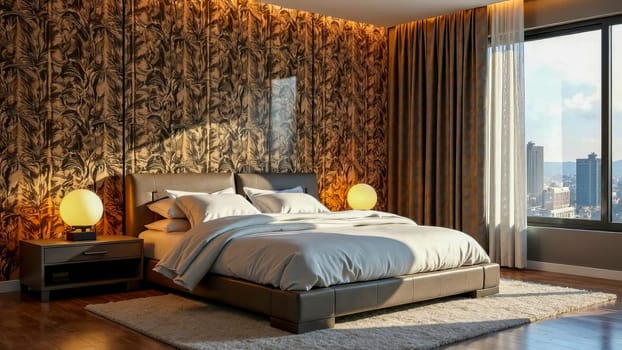 Modern bedroom with zebra print wallpaper. Eembracing natural animal print motifs in interior decor.