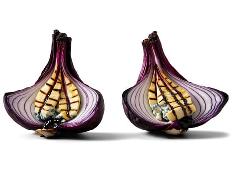 Grilled radicchio wedges with balsamic reduction, blackened edges, vibrant purple centers, blue cheese crumbles..