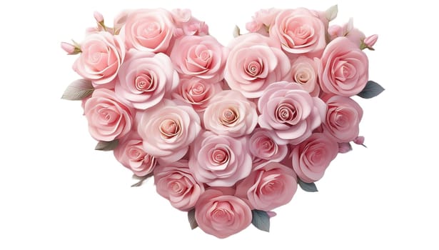 Saint Valentine's Day concept. Heart made of pink roses, symbol of love, valentine's day or wedding flowers, png isolated on transparent or white background. High quality image