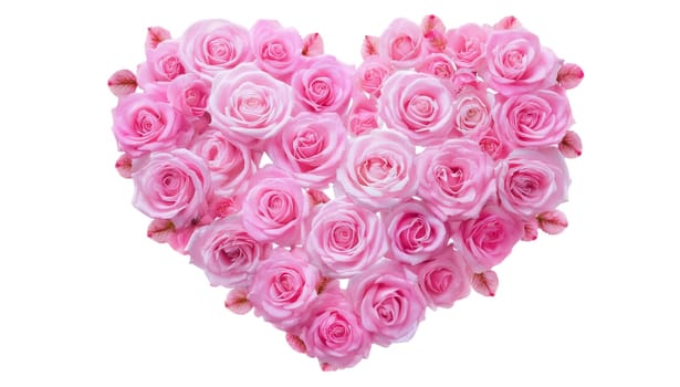 Saint Valentine's Day concept. Heart made of pink roses, symbol of love, valentine's day or wedding flowers, png isolated on transparent or white background. High quality image