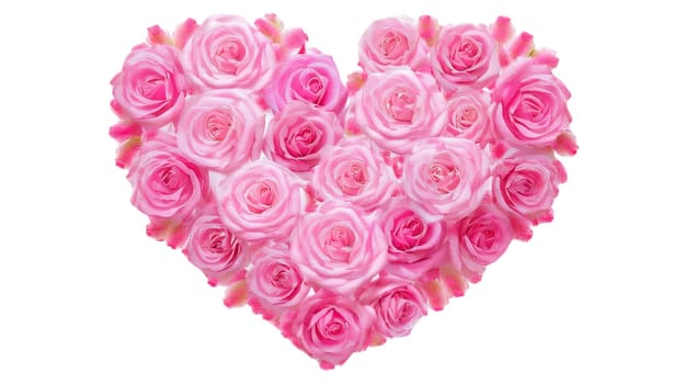 Saint Valentine's Day concept. Heart made of pink roses, symbol of love, valentine's day or wedding flowers, png isolated on transparent or white background. High quality image