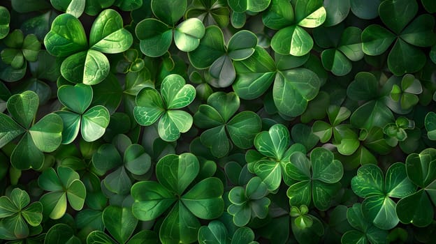 A groundcover of green clovers is flourishing in the grass, adding a beautiful pattern to the terrestrial plant life in the area