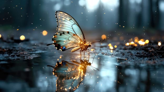 Fantasy butterfly: shimmering wings, diamond-encrusted design, golden embellishments, floral elegance, glowing accents, metallic glow, gemstone allure, ethereal beauty, intricate magical detailing