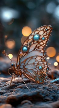 Fantasy butterfly: shimmering wings, diamond-encrusted design, golden embellishments, floral elegance, glowing accents, metallic glow, gemstone allure, ethereal beauty, intricate magical detailing