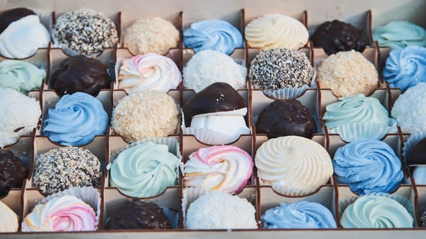 Beautifully arranged gift box of colorful marshmallows, perfect for celebrating a child's first day of school with joy and excitement