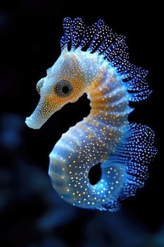 Radiant Seahorse: Fractal inspired seahorse, bioluminescent display, colorful patterns, luminous marine creature, glowing ocean creature, dynamic light display, surreal aquatic design
