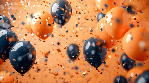 A mix of liquid orange and electric blue balloons along with amber confetti are floating in the air, creating a festive space filled with vibrant colors