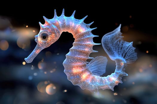 Radiant Seahorse: Fractal inspired seahorse, bioluminescent display, colorful patterns, luminous marine creature, glowing ocean creature, dynamic light display, surreal aquatic design
