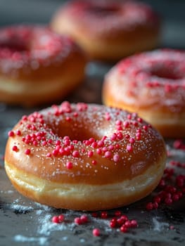 A closeup image of a doughnut topped with pink sprinkles, a delicious baked good made from dough, sugar, and glaze. A sweet treat perfect for any cuisine