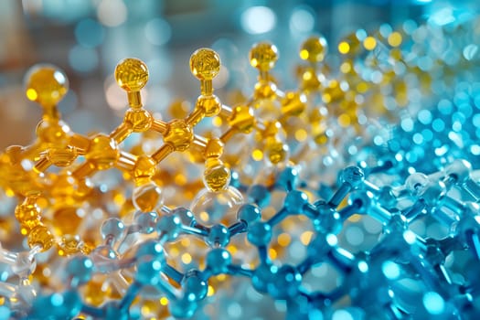 A closeup of a yellow and blue molecule on a blue liquid surface, resembling a flower petal. The pattern creates an electric blue pattern on the water