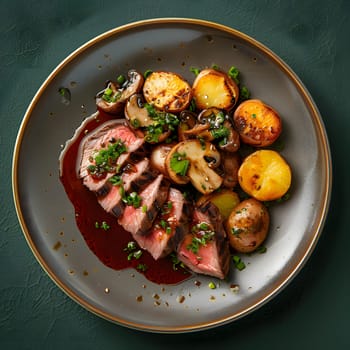 A delicious dish of meat and potatoes, served on a table. The meal includes kishka as a garnish. This hearty recipe combines savory ingredients in a comforting cuisine