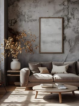 A cozy living room inside a building with a grey couch, wooden coffee table, and a picture hanging on the wall. Interior design features include flooring and a window