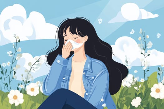 Seasonal allergy illustration: blooming plant, pollen spread, irritated eye, nasal discomfort, immune reaction, springtime issue, airborne allergen, sensitive response, sneezing symptom