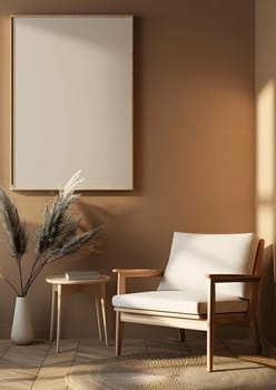 A comfortable living room with hardwood flooring, featuring a chair, table, and a picture on the wall. The room also includes a plant as a decorative fixture